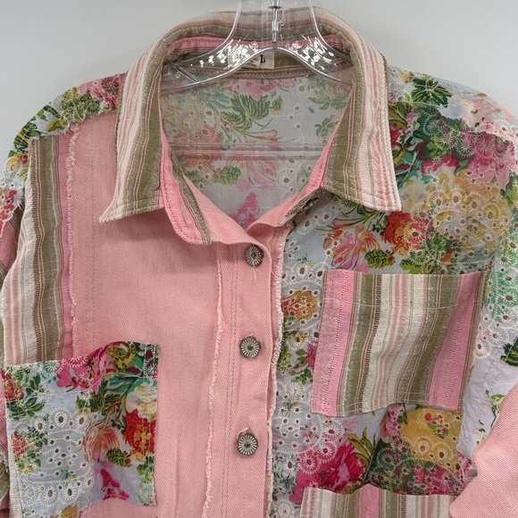 POL Women's Cottage Patchwork Denim Jacket - Pink Multi - Large - Picture 2 of 7